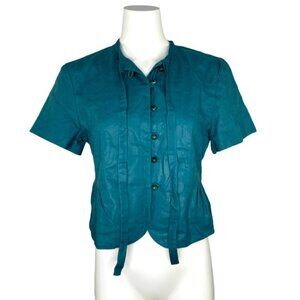 Anthropologie Tulle Cropped Jacket Linen Cotton Teal Size L